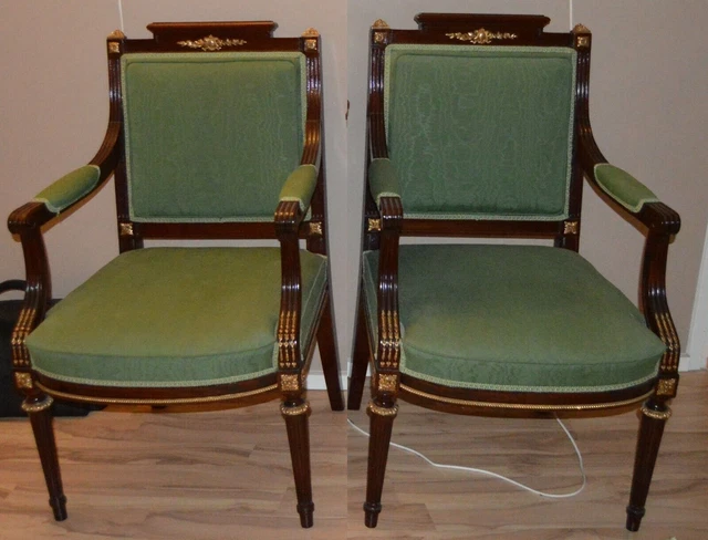 French 19th c Louis XVI style armchairs w/ ormolu mounts