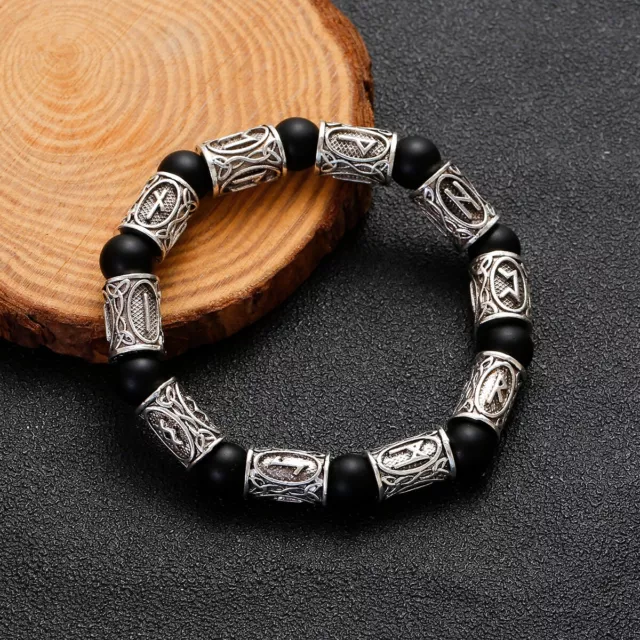 Norse Viking Rune Spacer Lava Stone Beads Bracelet Men Women Cuff Jewelry