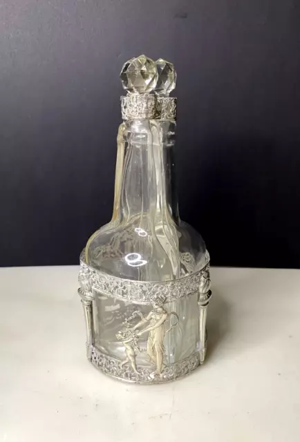 Antique French Empire Neoclassical Sterling Silver 3 Glass Decanter Set Tantalus