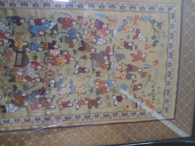 Vintage Chinese Hand Embroidered Silk Panel "Hundred Children Playing" Framed