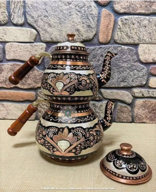 Große türkische bestickte Teekanne aus Kupfer | Handbemalte gravierte...