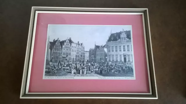 Lithographie: Marktplatz zu Bremen, gerahmt!