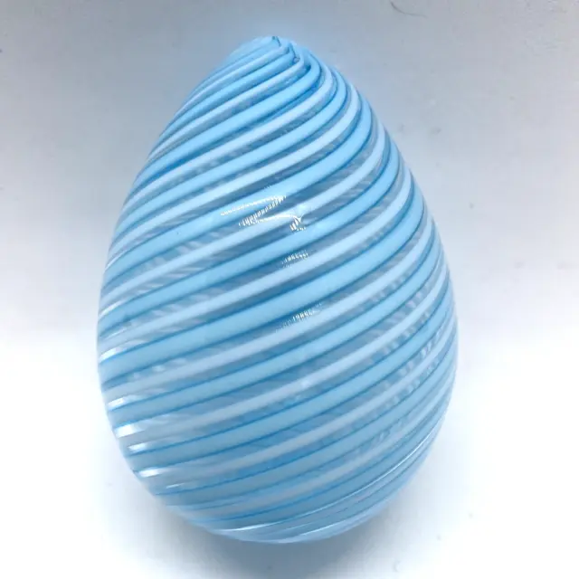 Murano Art Glass Egg Paperweight Blue and White Spiral Swirl Made in Italy
