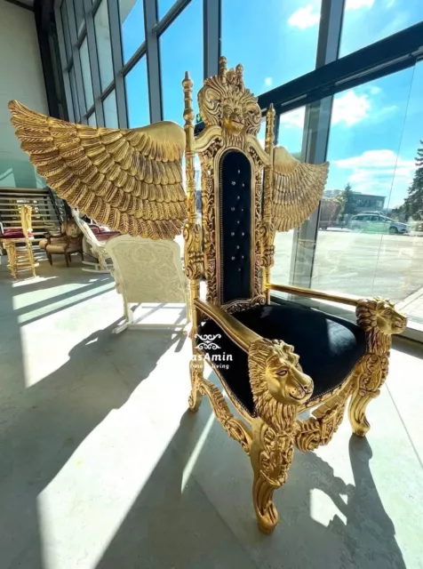 Huge Armchair Black Gold Finish King Throne Lion Sculpture for Special Event