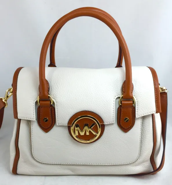 MICHAEL KORS Large Margo Vanilla Leather Satchel Crossbod Luggage Brown Trim NWT