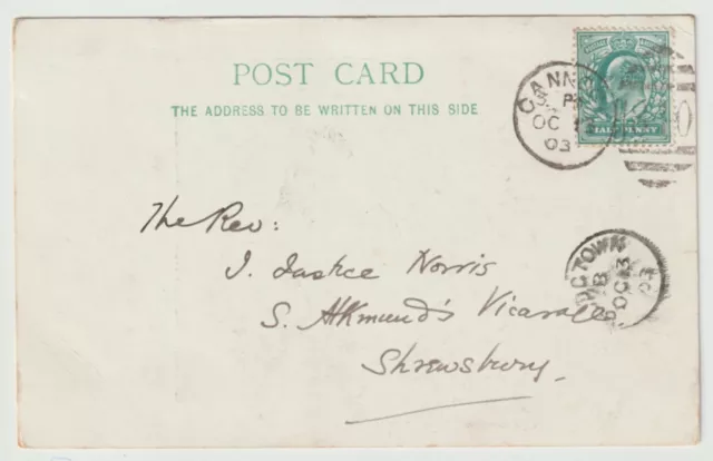 1903 Postcard to Rev J Justice Norris, St Alkmund's Vicarage, Shrewsbury 7K