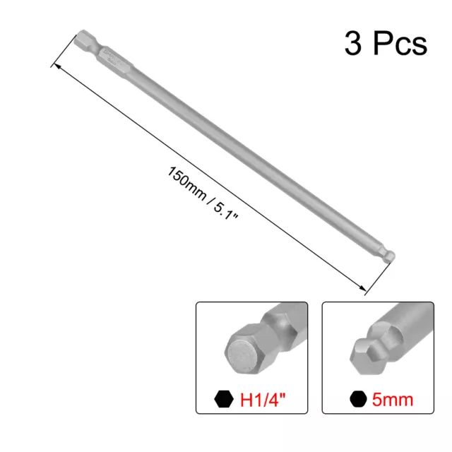 3Pcs Ball End Hex Bits 1/4 Inch Hex Shank 150mm Magnetic H5 Head Screwdriver Bit 2