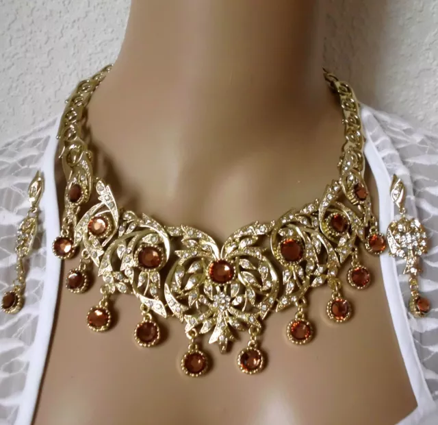 Schmuckset Halskette Kette Collier Ohrringe goldfarben Strass Bollywood SET