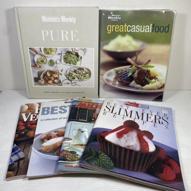 6 Lot Australian Womens Weekly Cookbooks- Pure, Casual, Slimmers, Mains, Fruit