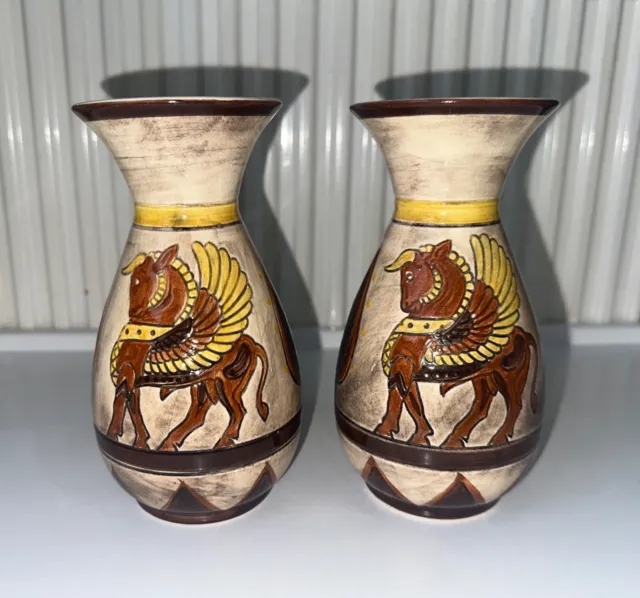 Rare 4693 Vintage SylvaC Assyrian Winged Bull Matching Pair Vases Ceramic