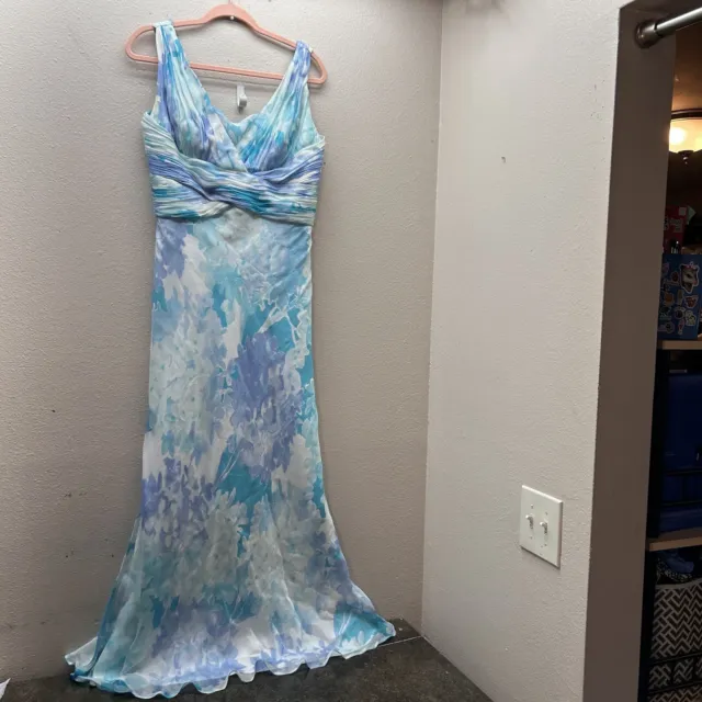 Badgley Mischka Blue Floral Ruched 100% Silk Evening Dress Size 10 Formal Gown