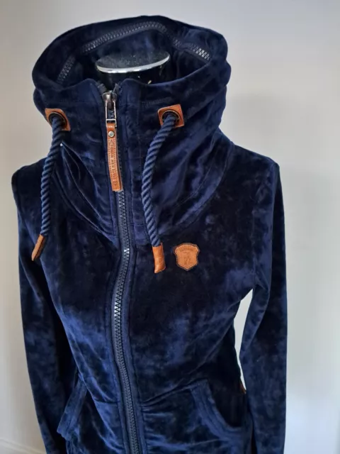 NAKETANO WOMENS HOODIE Small Blue Leather Trim Pullover Sweatshirt