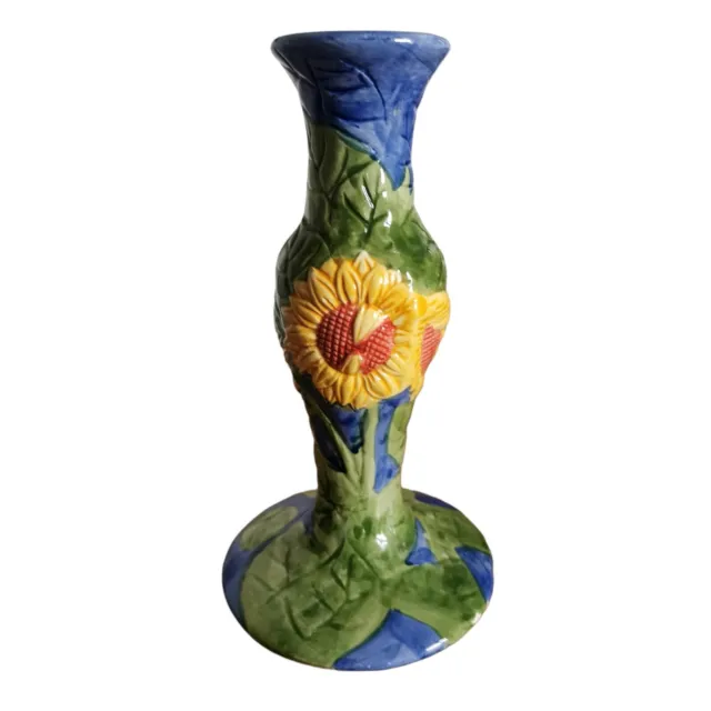 Vintage Rayware Kerzenhalter Sonnenblumen Design / blau & gelb - Kunst Keramik