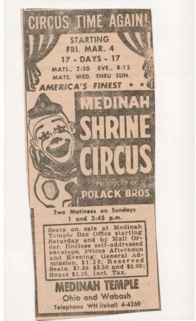 1950's "Medinah Shrine Circus" Polack Bros Medinah Temple Newspaper Ad