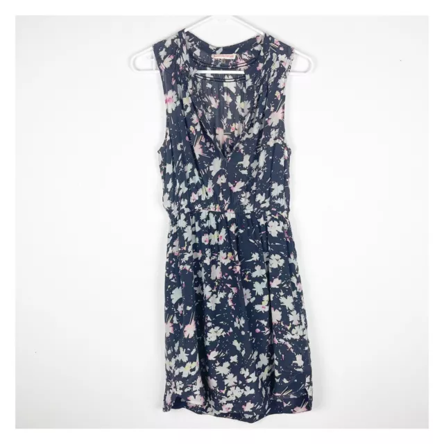 Rebecca Taylor Gray Floral Print 100% Silk Sleeveless Blouson Dress Size 4