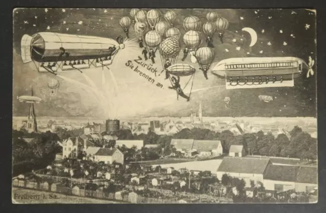 Back They Burn Freiberg 1908 Postcard Zeppelin Blimp Airship RPPC #107 Verlag