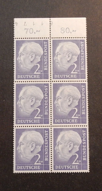 Bund, 195 ** Heuss Sechserblock 6er-Block mit Oberrand + BogenNr. gepr.Schlegel