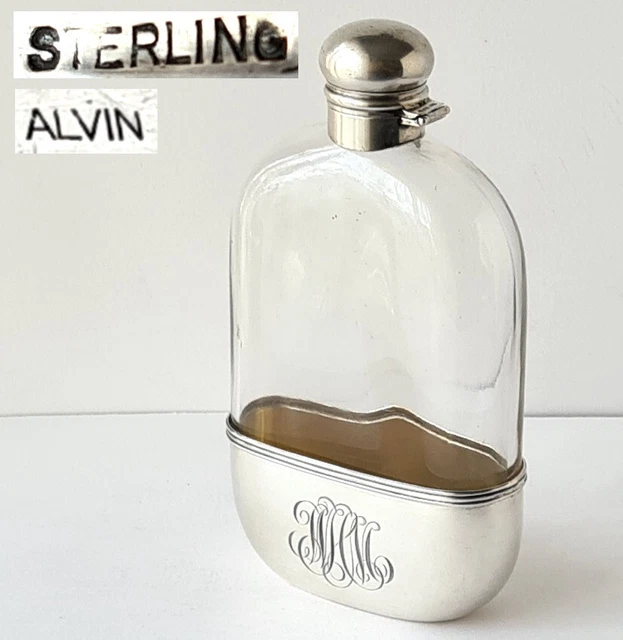 Bottiglia Fiaschetta Vetro Argento Sterling Alvin Circa 1900 P162