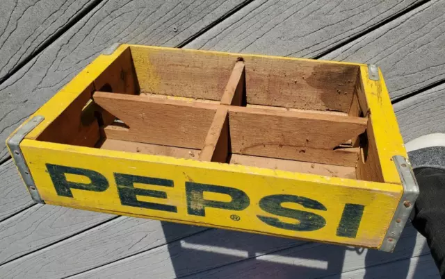 Drink Pepsi Cola Wooden Crate Tray Vintage Yellow -Metal Edges -4-way Knoxville