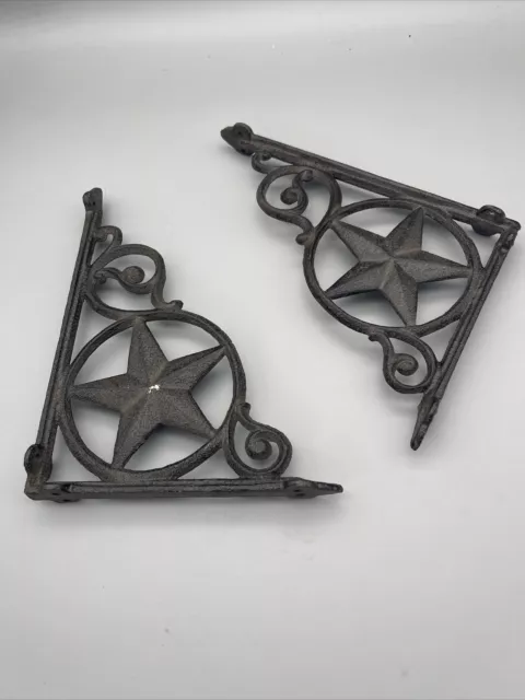2 Star Scrolls Shelf Bracket Cast Iron Rustic Western Brace Antique Brown 9 in