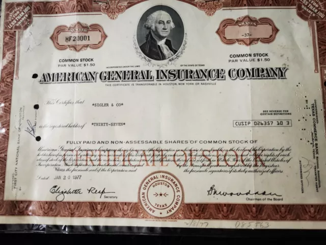 Historische Aktien USA "American General Insurance Company- AIG, Houston " braun