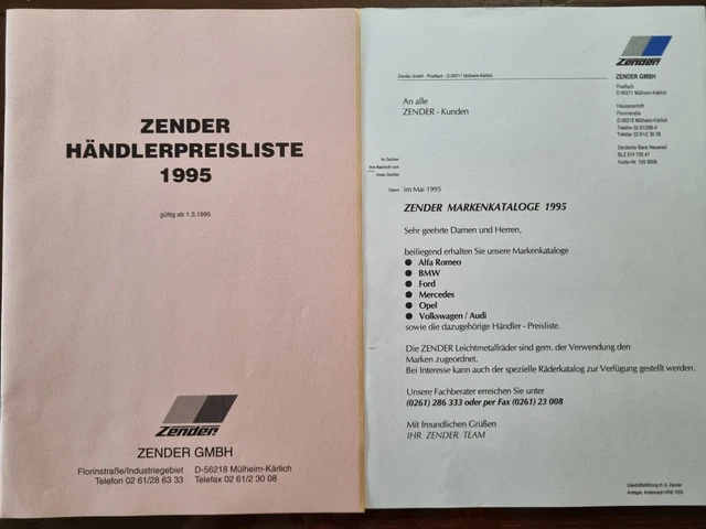 ZENDER Händlerpreisliste 1995 Einkaufspreise - Tuning Fahrzeugveredlung D&W