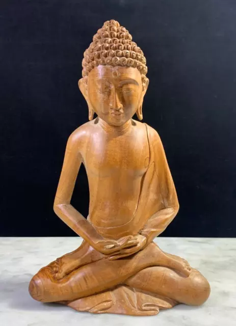 Hand Carved Wood Meditating Buddha Monk Sitting Sculpture 8 1/4"