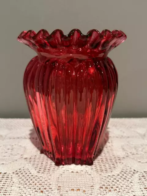 Vintage Fenton Cranberry Ribbed Vase With Ruffled Rim - Vgc