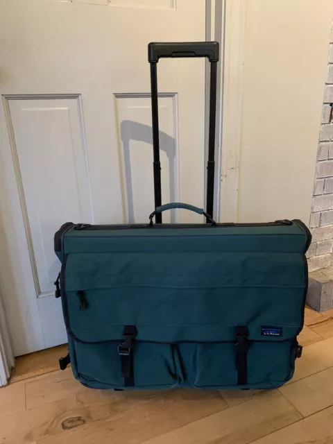 LL Bean Dark Green Rolling Garment Bag Leather Trim Durable Nylon Suitcase Folds
