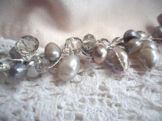 Handcrafted Grey Pearl And Glass  Crystal Silver Wire Hand Made Bracelet Pearls