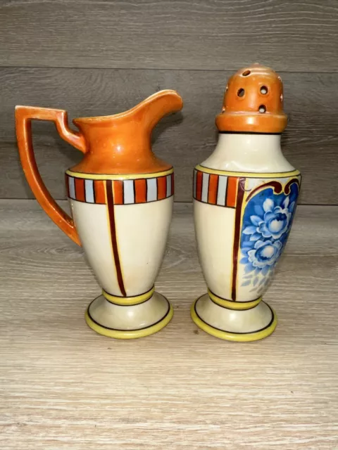 Large Hand Painted Lusterware Sugar Shaker & Creamer Pitcher Set Trico Nagoya