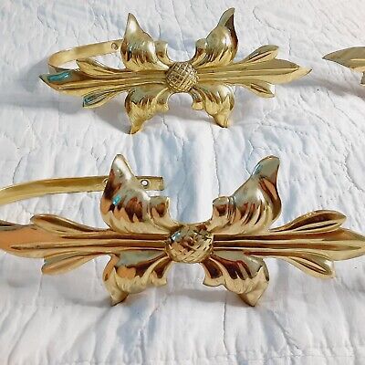 4 Four Vintage Bow Ribbon Embossed Solid Brass Curtain Drape Tie Backs