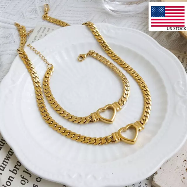 Set Woman 18K Gold Plated Stainless Steel Heart Charm Curb Chain/Bracelet Bangle