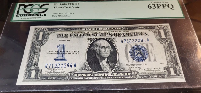 Fr 1606 1934 G71222294A $1 SC⭐CH CU PCGS 63PPQ⭐ Crisp Clean BANKNOTE
