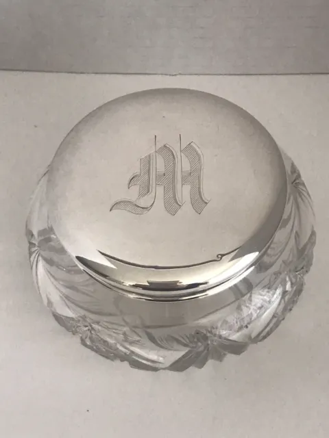 Vintage Sterling Silver Lid Monogrammed And Cut Crystal Base-Jar