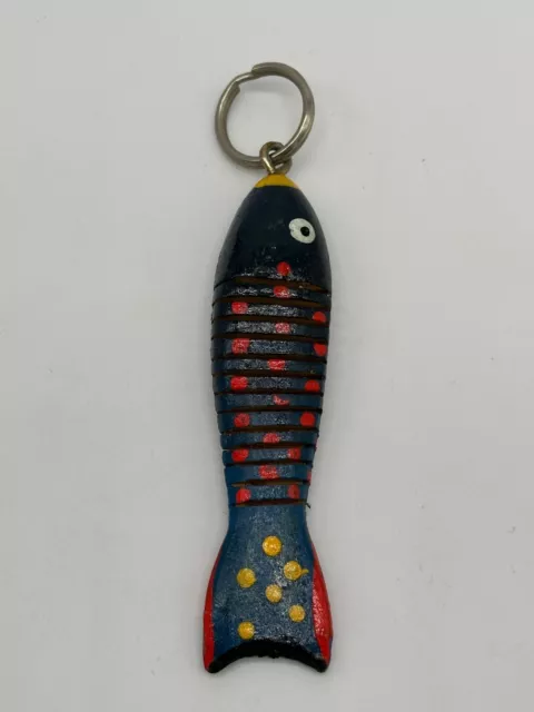 Vintage Carved Wood Hand Painted Fish Keychain Flexible