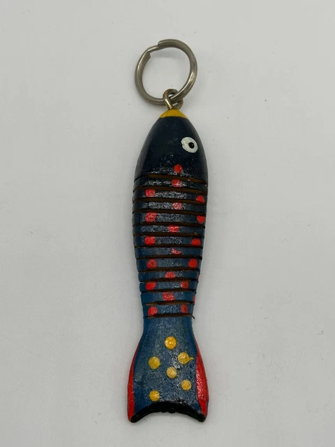 Vintage Carved Wood Hand Painted Fish Keychain Flexible