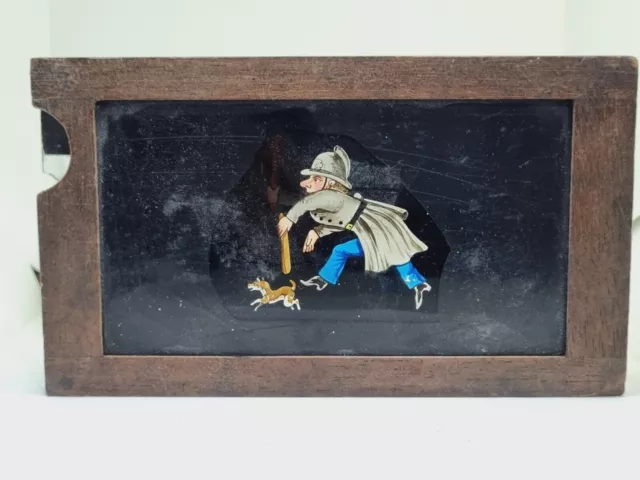 Hand Painted glass Antique movable comic magic lantern slide cop And Dog