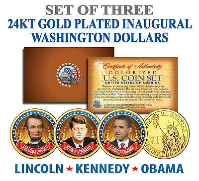 President OBAMA KENNEDY LINCOLN Presidential $1 US Dollar Gold Plated 3-Coin Set