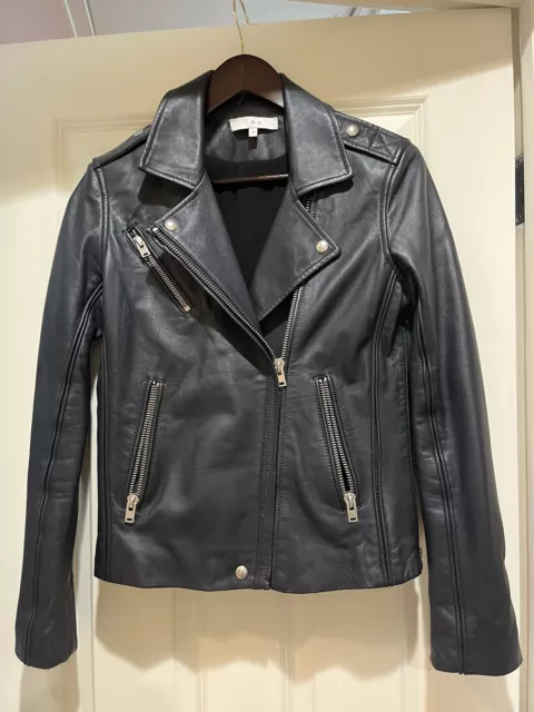 IRO Tara Leather Moto Jacket, Navy, Size 42, Barely Worn