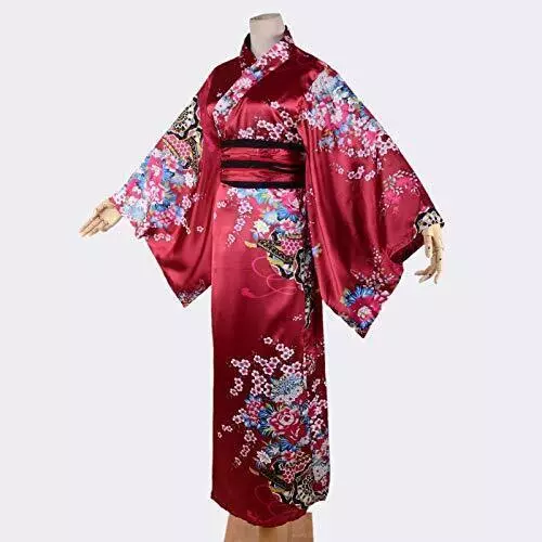 Women's Floral Print Traditional Japanese Kimono Large Long Kimono Wine Red 3