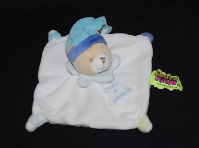 Mini ours plat blanc Tatoo DOUDOU ET COMPAGNIE bonnet col bleu 15*15 cm NEUF