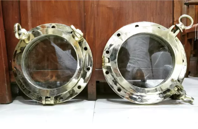 New Vintage Retro Style Solid Brass Porthole Window with Two Dogs Lot of 2