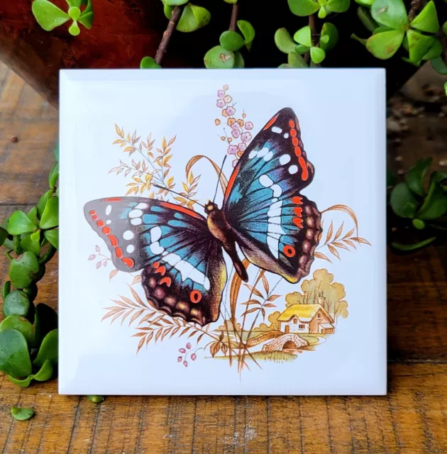 Vintage Retro Butterfly in Countryside Ceramic Tile 4.5"x4.5" Made Thailand