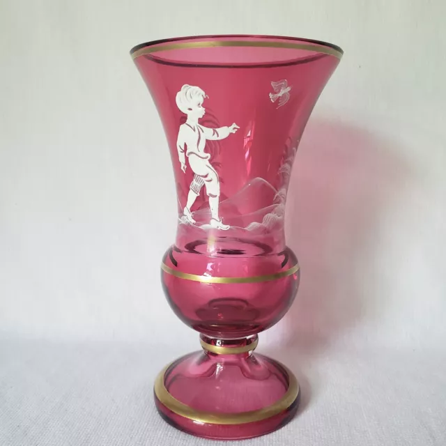 Mary Gregory Cranberry Glass Vase Boy Chasing Bird Gold Trim Signed 6"