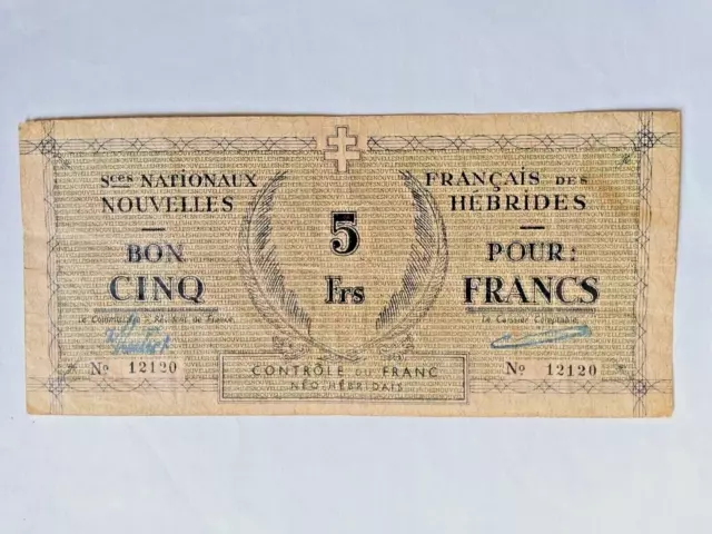 Nouvelles Hebrides 5 Francs  1943 / 44  Émission WW II, rare 40 000 ex