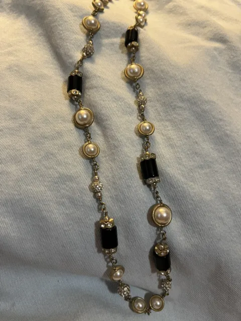 J Crew Necklace Black Barrel Beads Faux Pearl And Pave Beads Goldtone