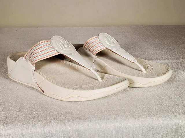 NWOT Fitflop Walkstar Finestripe Webbing Toe-Post Cream Sandals Women's US 8