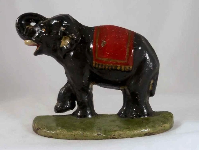 Antique Cast Iron Doorstop Colorful Elephant Raised Trunk & leg on Green Base