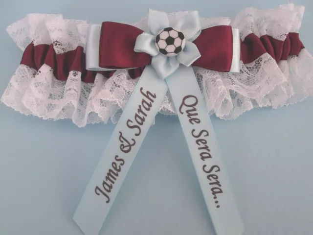 Personalised Football Themed Wedding Garter Claret  Blue & White